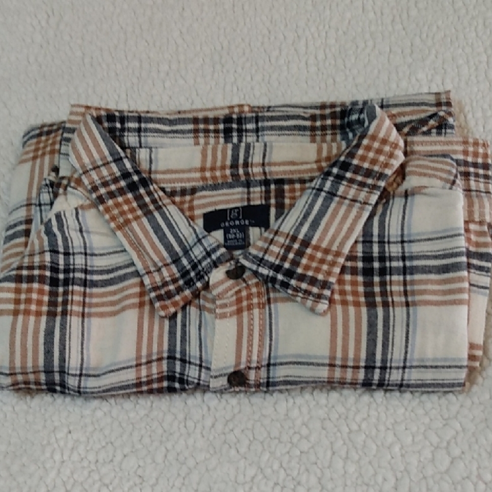George Plaid Stretch Button-Up Shirt Blue 2XL NWT‎